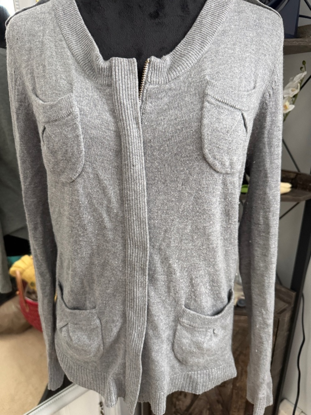 Cache Light Gray Zip-Up Pocket Cardigan